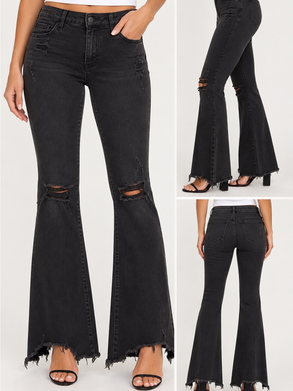 Flying Monkey Black Distressed Flare Jeans raw hem size 30